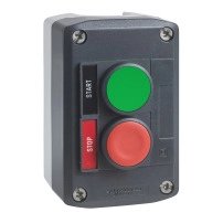 SCHNEIDER ELECTRIC Control station, Harmony XALD, plastic, dark grey, 1 green flush 1 red projecting push button, 22mm, spring return, legend holder marked STOP START