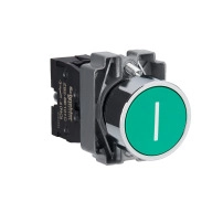 Push button, Easy Harmony XB2, metal, flush, green, 22mm, spring return, marked I, 1NO