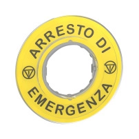 Harmony XB4, Legend, пластмасов, жълт, O90, за авариен стоп, маркиран ARRESTO DE EMERGENZA с лого ISO13852
